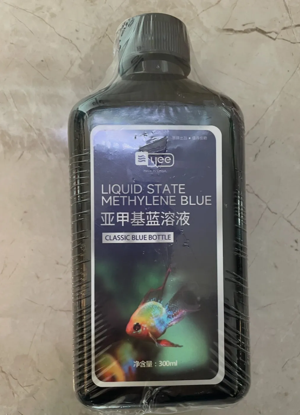 A 300 ml bottle of methylene blue solution